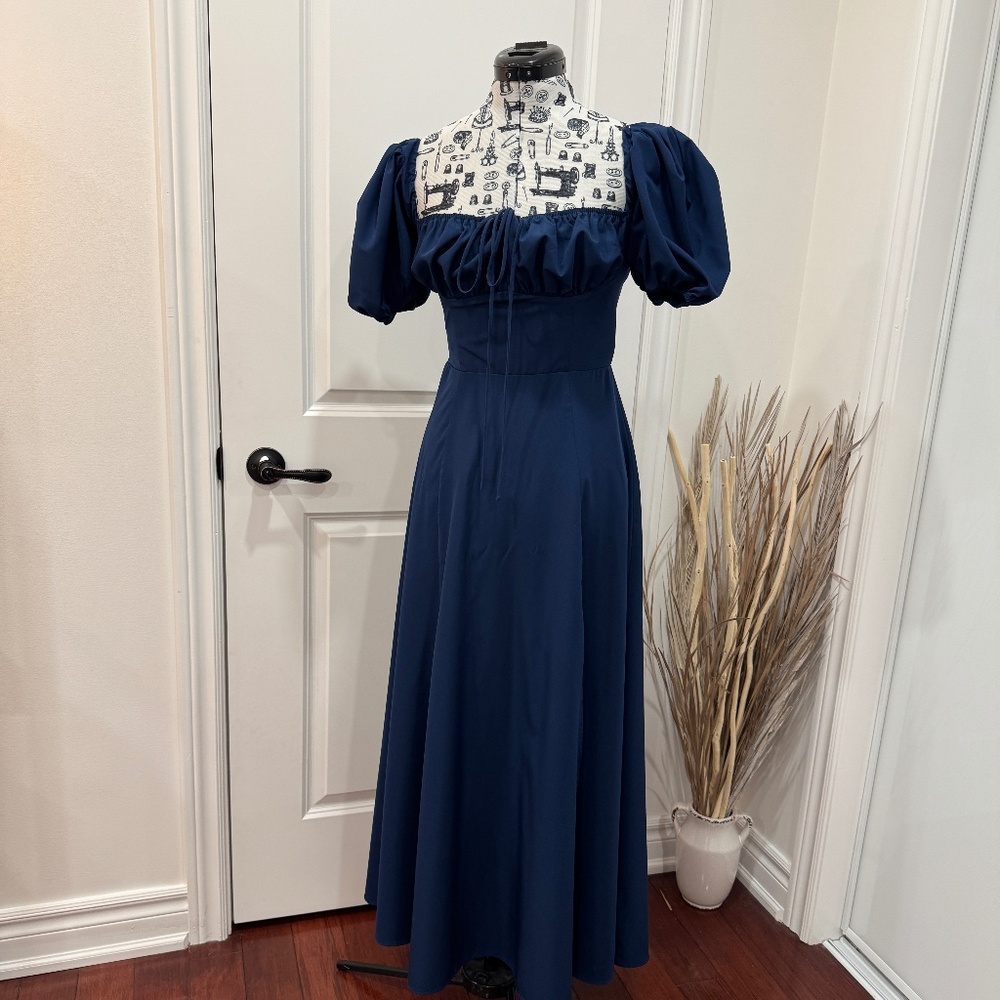 Navy Puff Sleeve Lined Maxi Dress with Slit